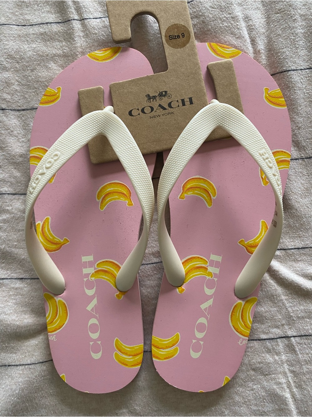 Coach Pink Banana Print Flip Flop Sandals - White Straps